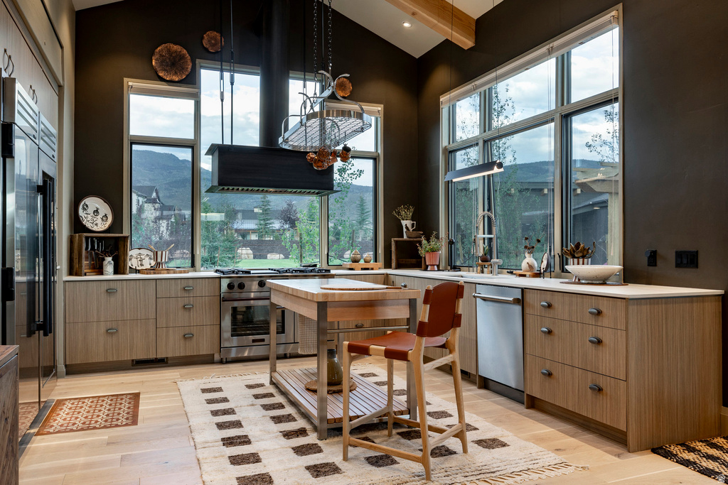 Modern kitchen featuring light wood-finish cabinetry, stainless steel appliances, and light-toned countertops
