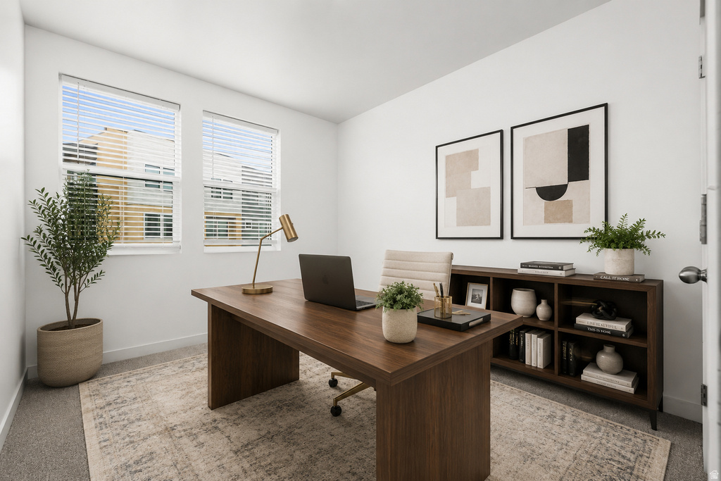Bright room featuring dual windows with blinds, light gray carpet, and white walls