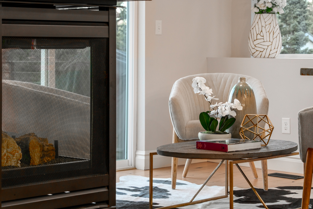 Contemporary fireplace with a black metal screen and logs