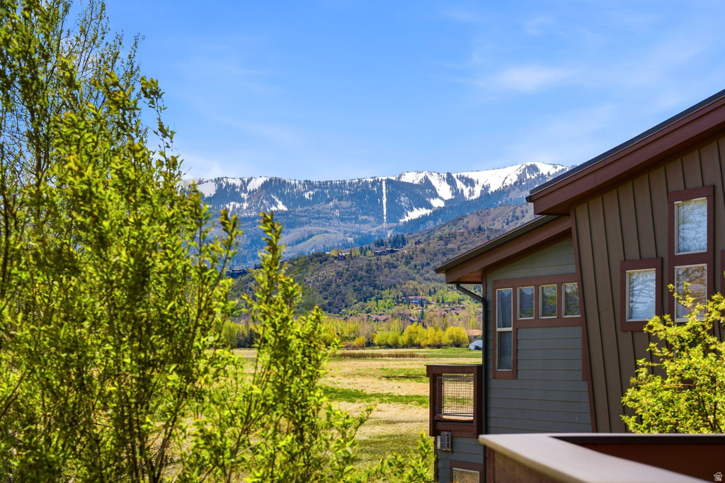 Modern exterior with vertical siding and multiple windows, featuring a balcony with wood railing, set against a backdrop of snow-capped mountains and a verdant landscape