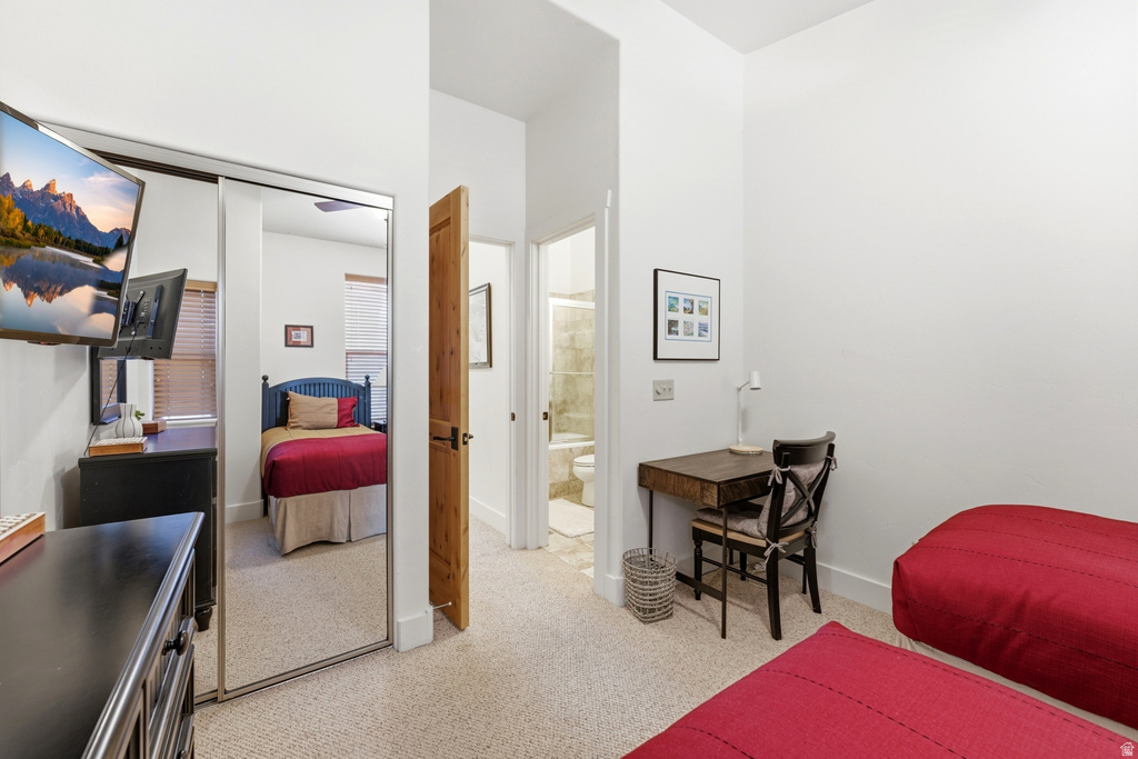 Carpeted room featuring a mirrored closet, a natural wood door, and a wall-mounted television