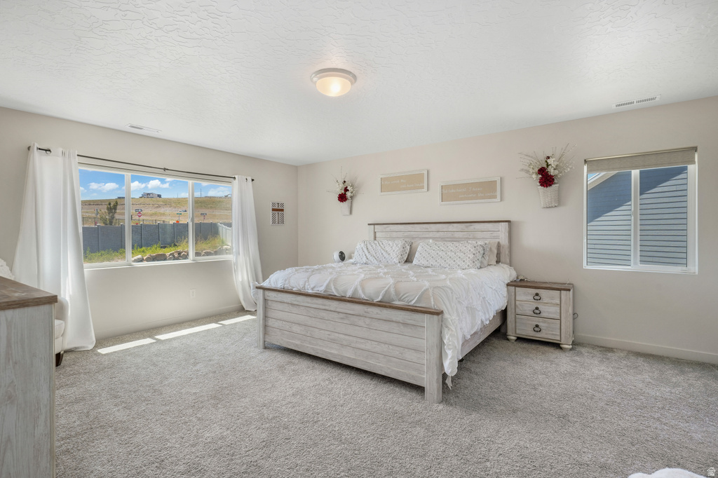 Spacious room with light neutral wall tones and soft carpeting