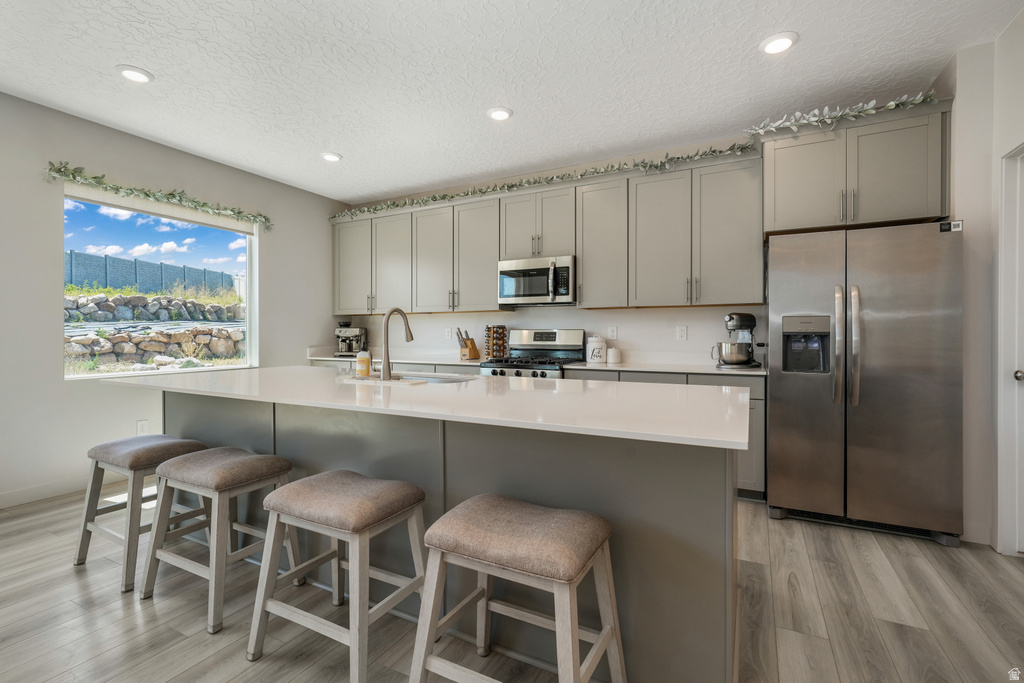 Kitchen featuring a spacious island with seating, a stainless steel appliance suite, light grey cabinetry, and wood-finish flooring