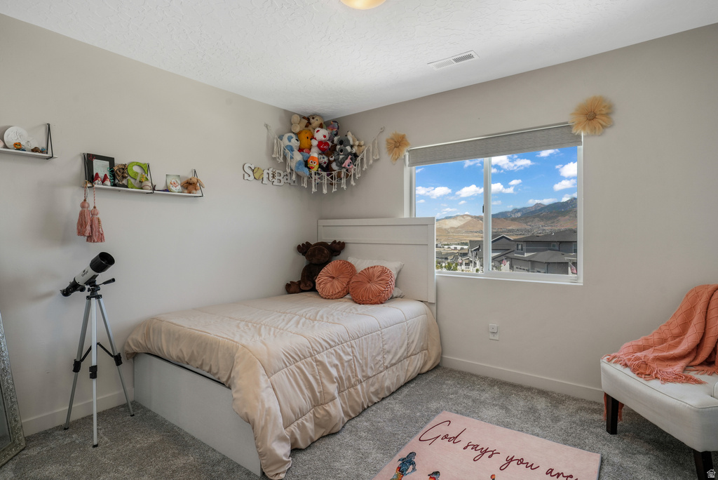 Bedroom featuring a large window, gray roller shade, and mountain scenery
