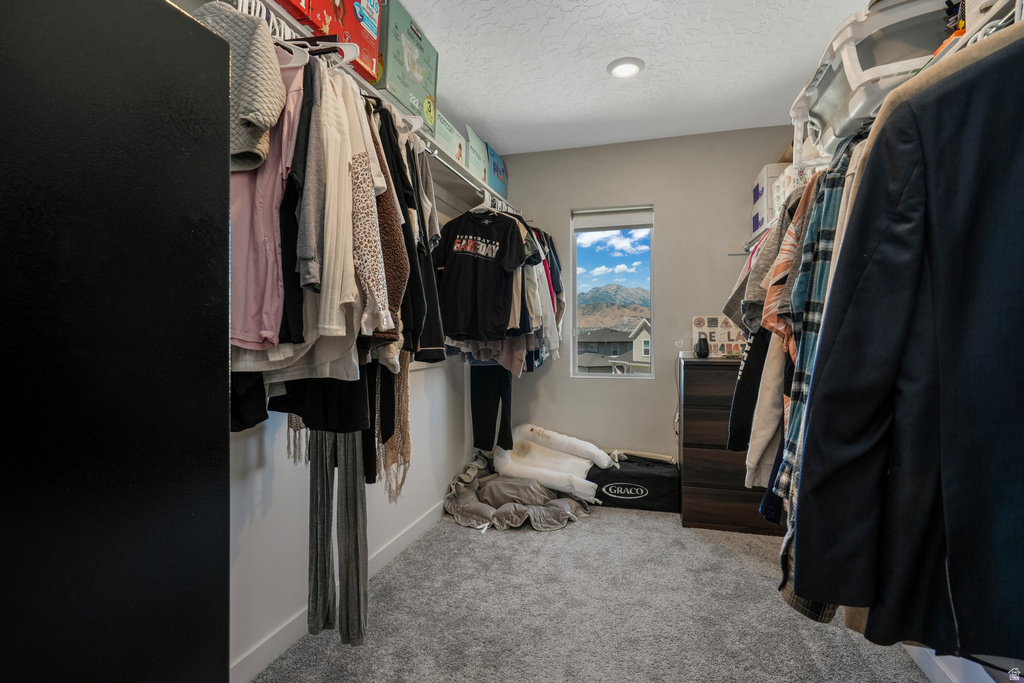 Walk-in closet featuring light gray carpeting, recessed ceiling lighting, and a window with mountain scenery