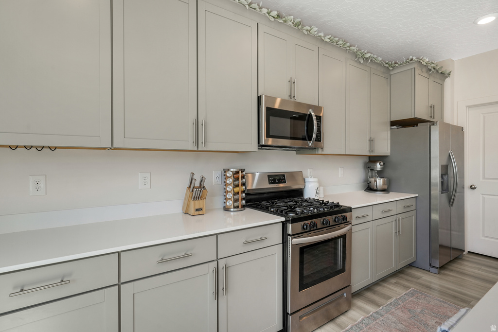 Kitchen featuring light grey cabinetry, stainless steel appliances, white countertops, and wood-finish flooring