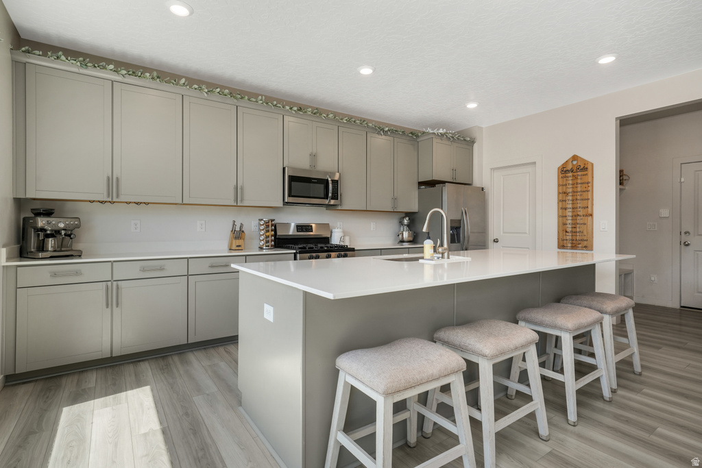 Spacious kitchen featuring an expansive island with seating, light gray cabinetry, white countertops, stainless steel appliances, and wood-finish flooring