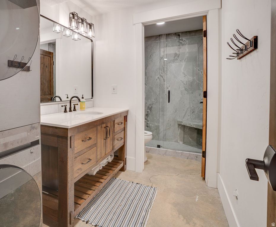 Custom wood-finish vanity with a white countertop and rectangular undermount sink