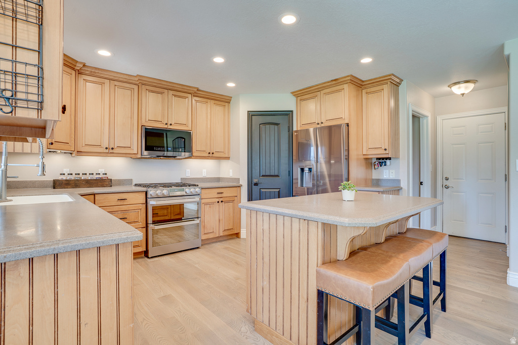 Kitchen featuring light wood cabinetry, light-toned countertops, stainless steel appliances, and wood-finish flooring
