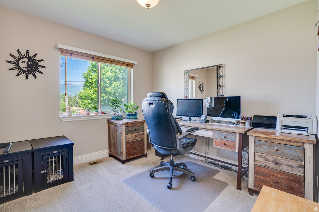 Spacious room featuring a large window with white trim, light beige wall paint, and light-toned carpet flooring