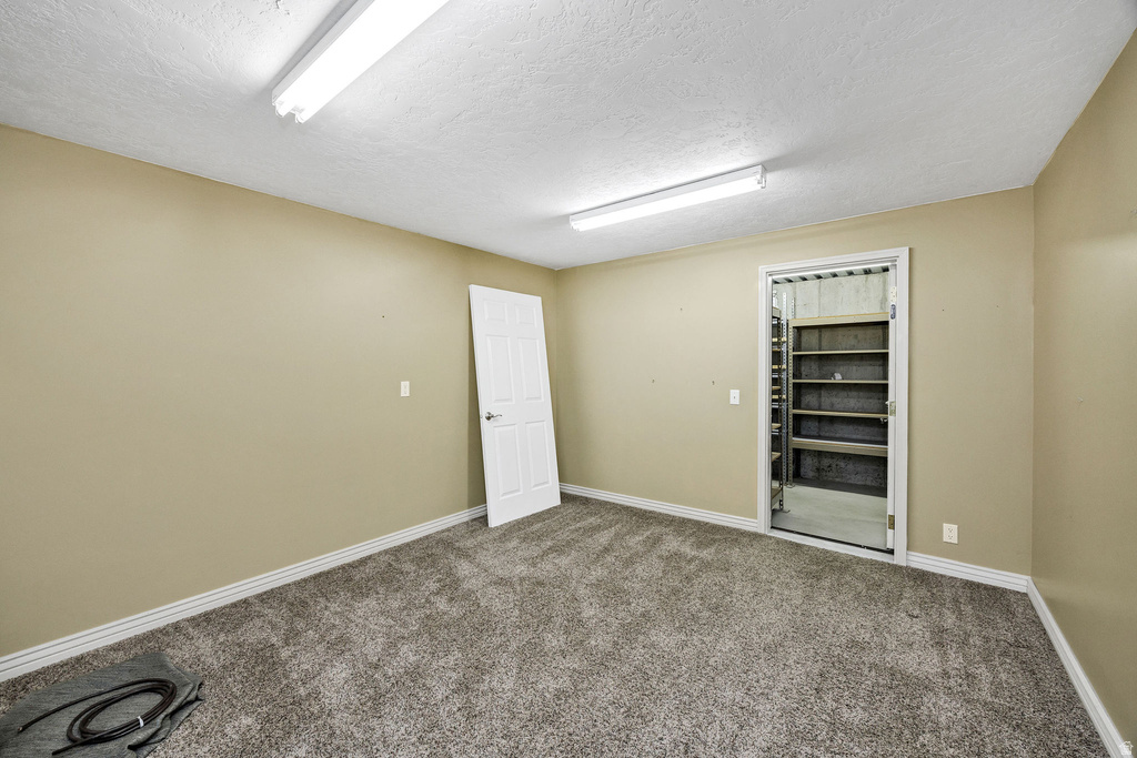 Carpeted room with neutral wall paint and white trim
