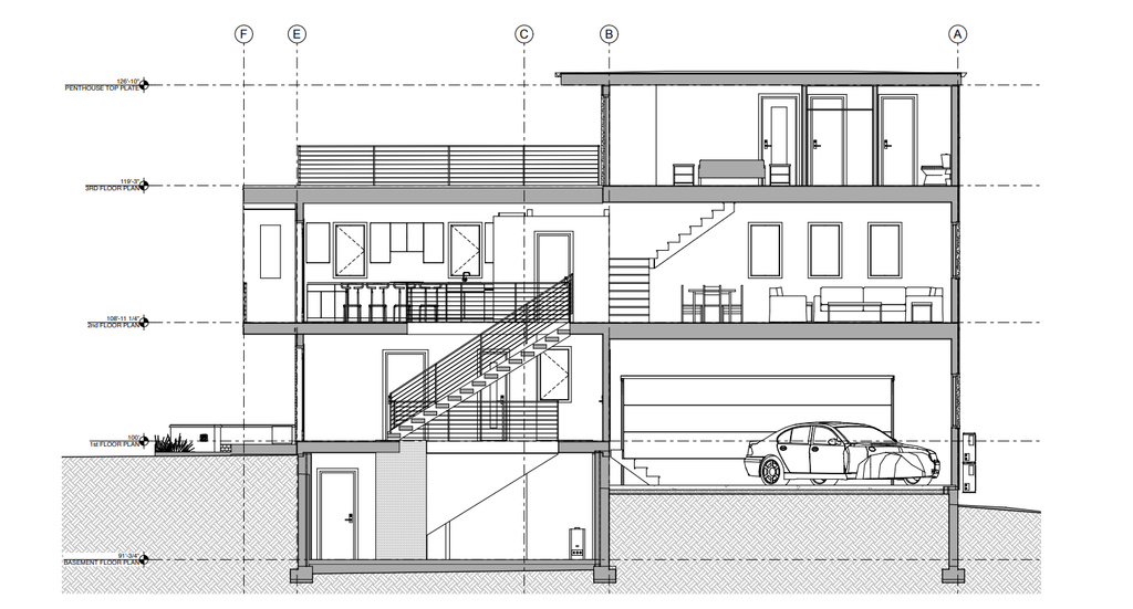 Architectural Drawing, Section View. Illustrating the vertical configuration and internal divisions of the property