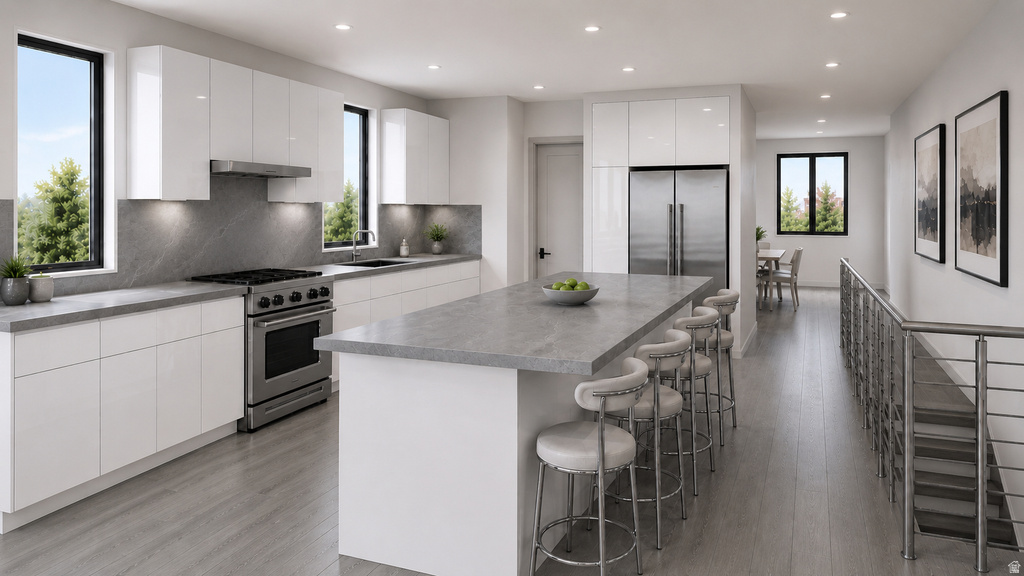 Contemporary kitchen featuring white flat-panel cabinetry, a stainless steel range with matching hood, and an expansive island with a stone-finish countertop