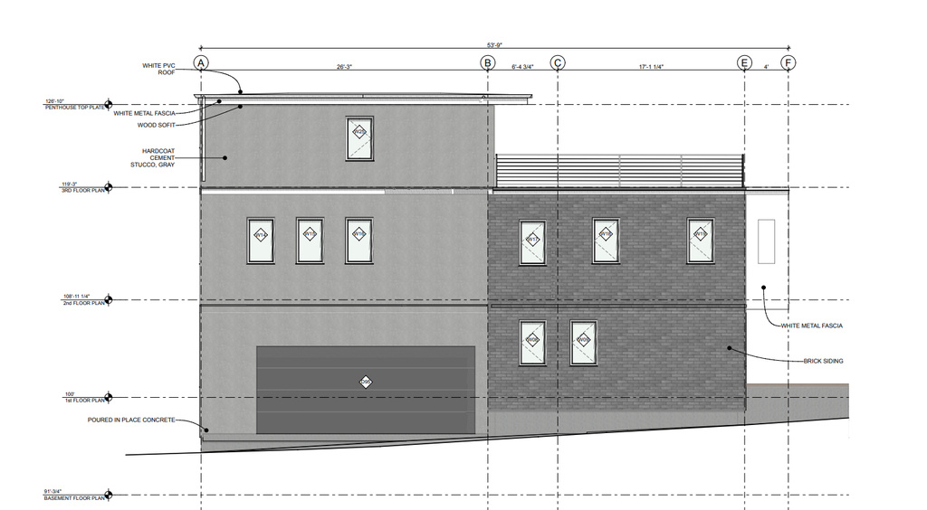 Architectural Elevation Plan. Detailing exterior finishes and structural dimensions for the property
