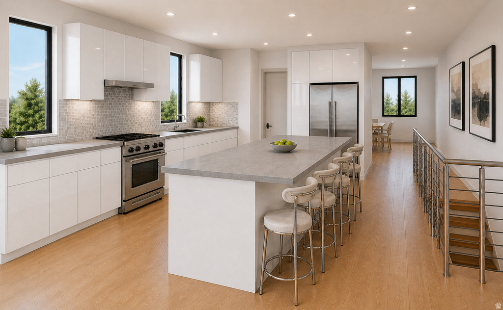 Contemporary kitchen featuring high-gloss white cabinetry, stainless steel appliances, a light-toned wood-finish floor, an extended island with countertop seating, and a mosaic tile backsplash