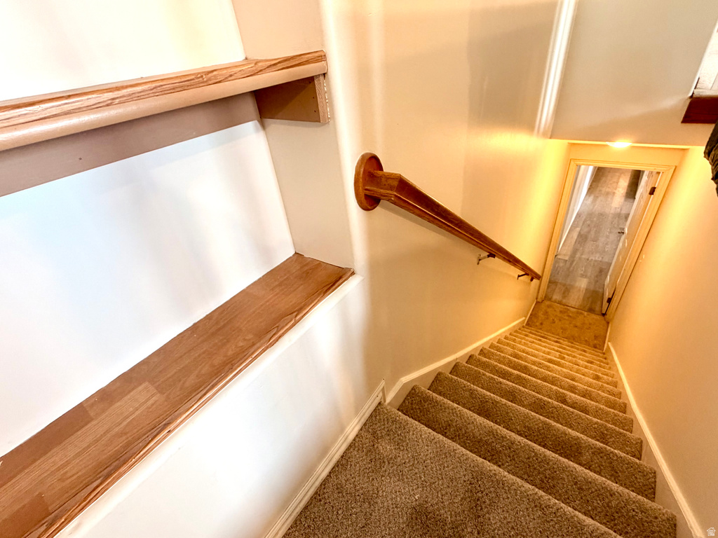 Carpeted staircase with a wood-finish handrail and integrated wall shelving