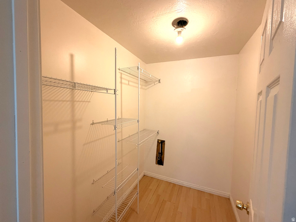 Walk-in closet featuring wire shelving, wood-finish flooring, white baseboards, a flush-mount ceiling light, and a panel door with brass hardware