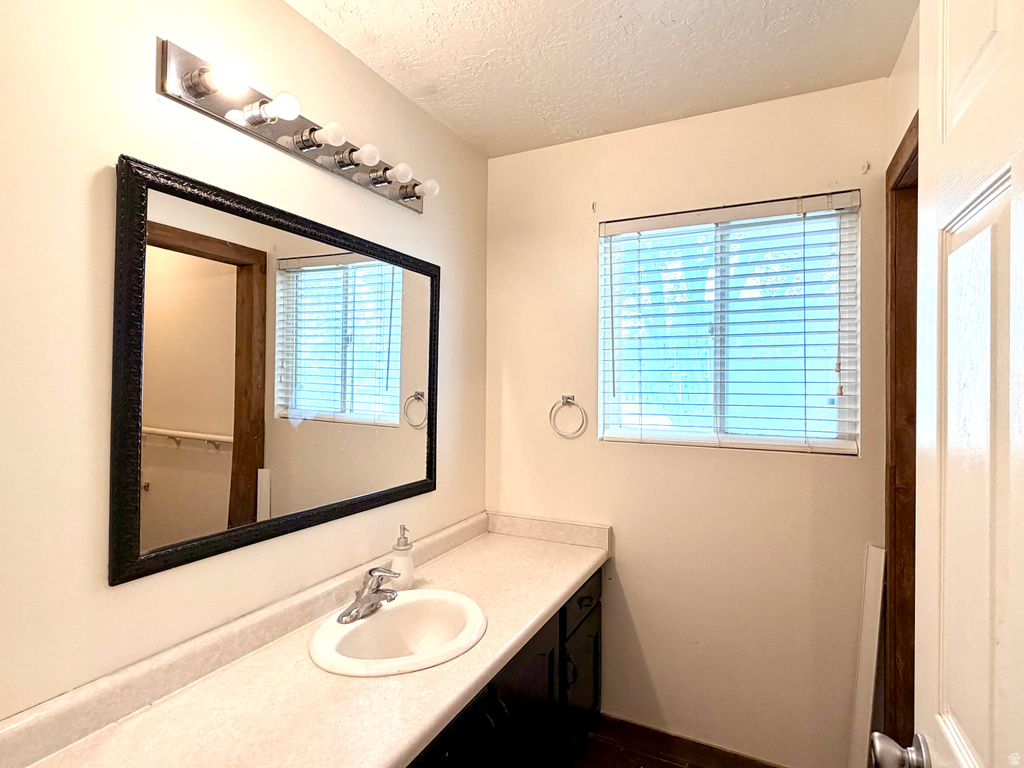 Vanity area featuring a large framed mirror, an integrated sink, and an extended countertop