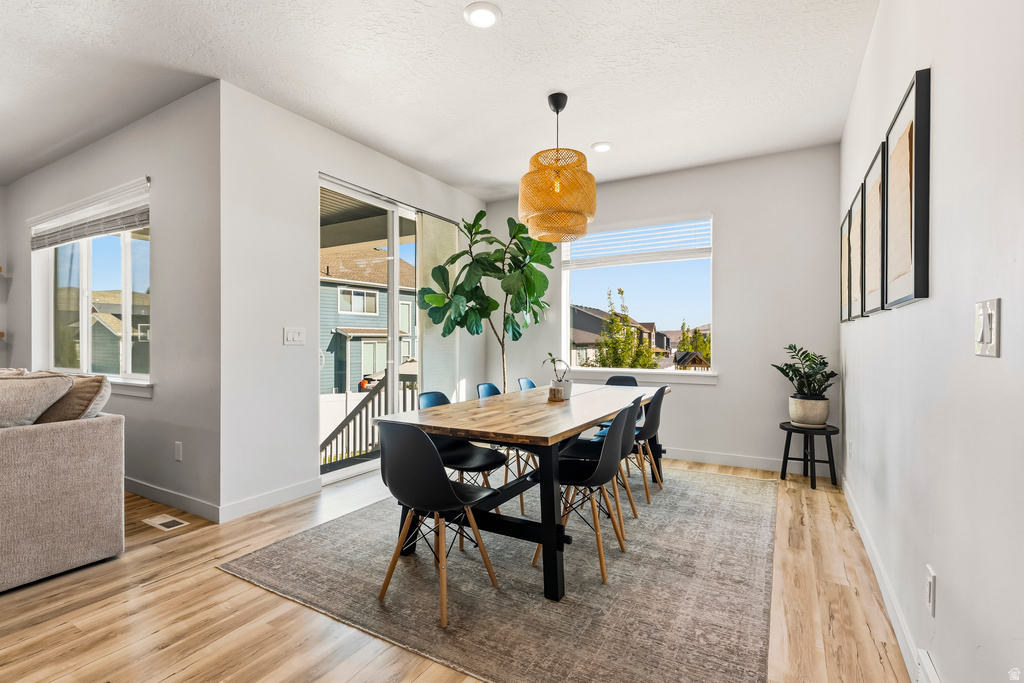 Open-concept dining area featuring wood-finish flooring, a contemporary pendant light fixture, and a sliding glass door providing outdoor access
