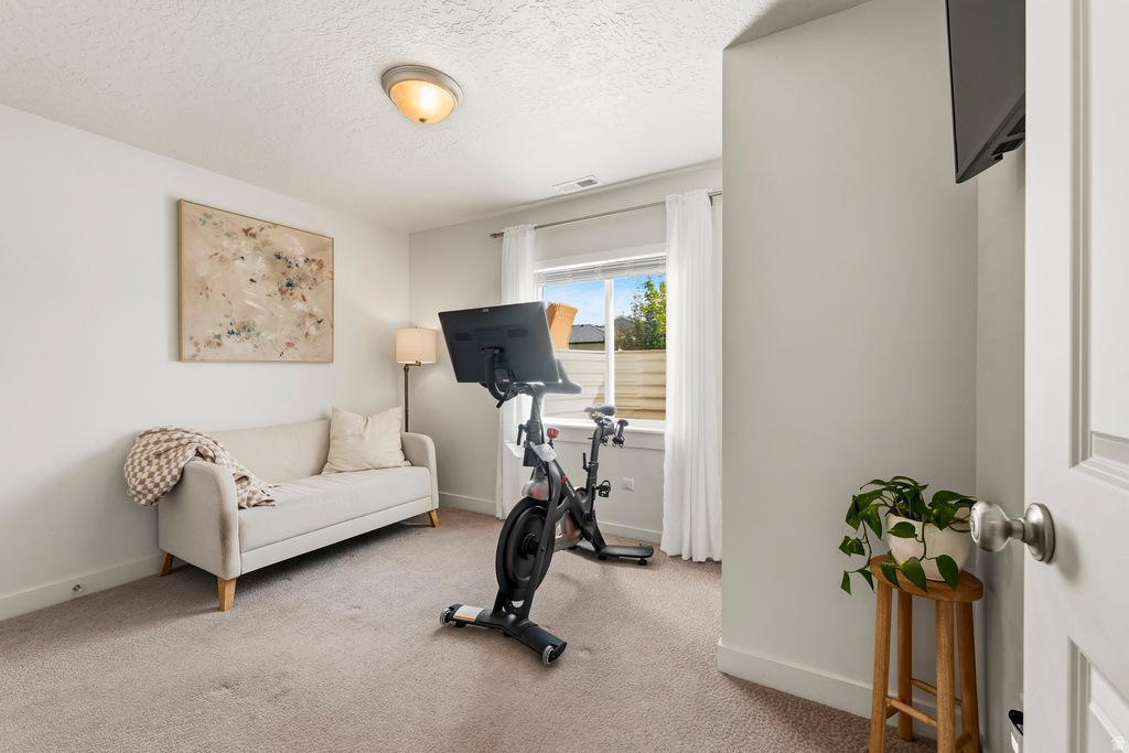 Carpeted interior room with white walls and a large window featuring white curtains