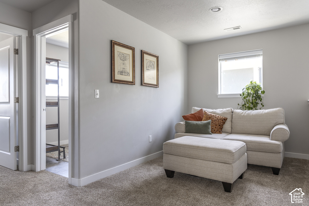 Carpeted room with a rectangular window and recessed lighting