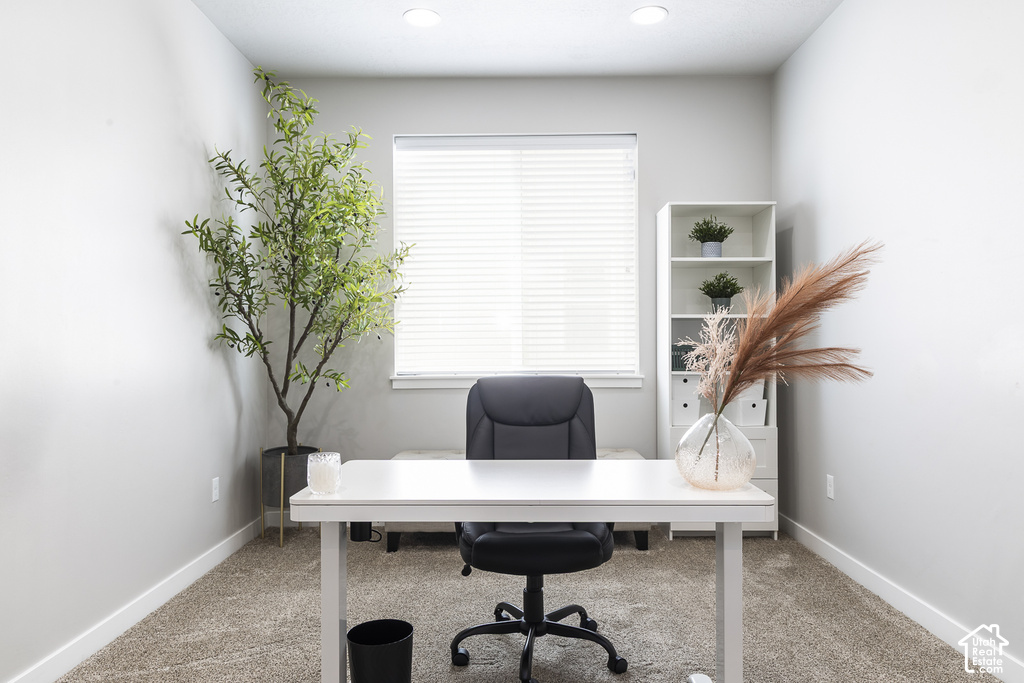 Carpeted room with a recessed light fixture, a window featuring horizontal blinds, and a built-in shelving unit