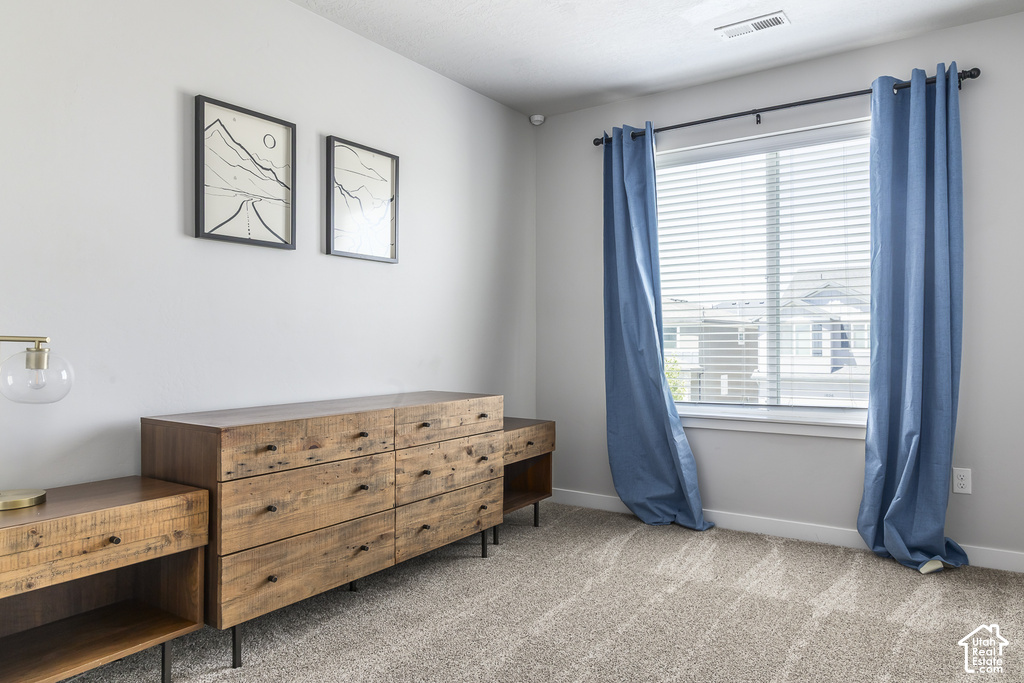 Wall-to-wall carpeting in a neutral tone and a large window featuring horizontal blinds
