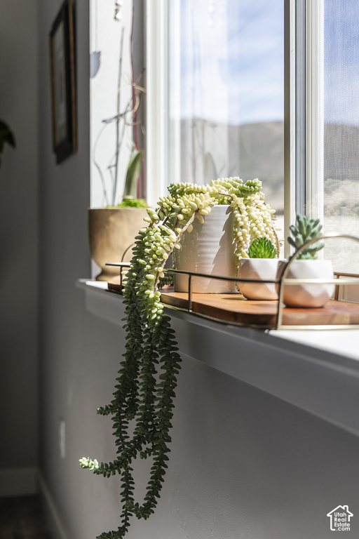 White window frame with a deep sill, featuring a clear glass pane and a mountain backdrop
