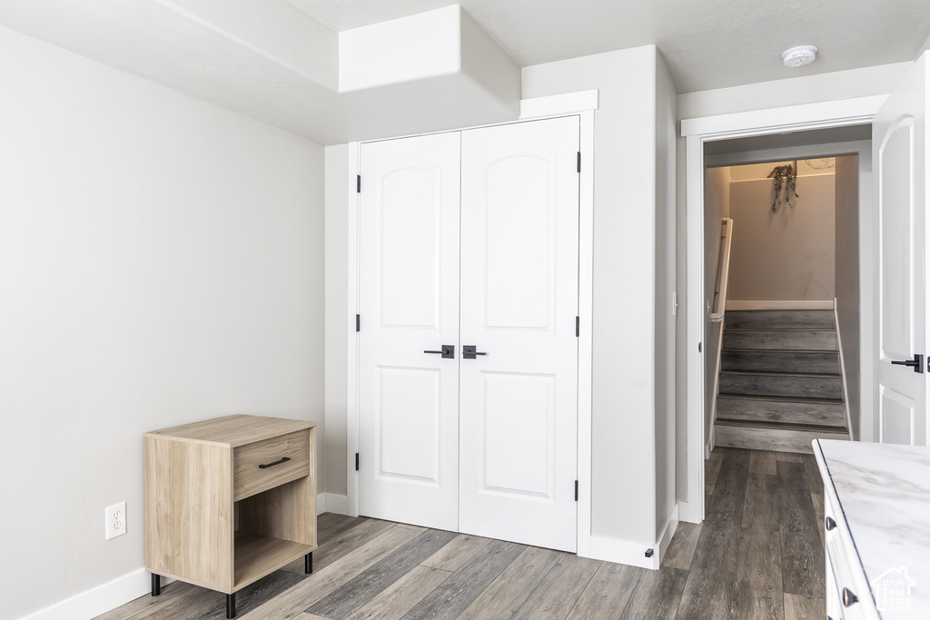 Double white panel doors with matte black hardware, wood-finish flooring, and white baseboards