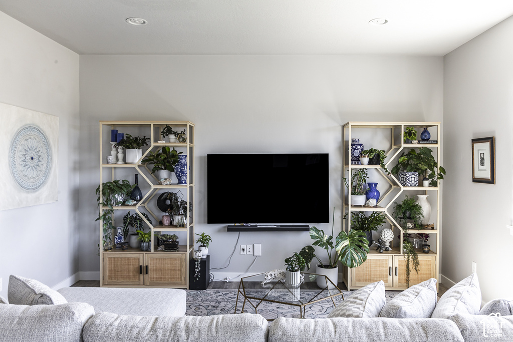 Living area featuring recessed lighting and light gray wall tones
