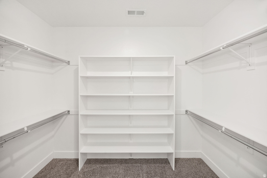Walk-in closet featuring built-in shelving, dual hanging rods, and neutral-toned carpeting