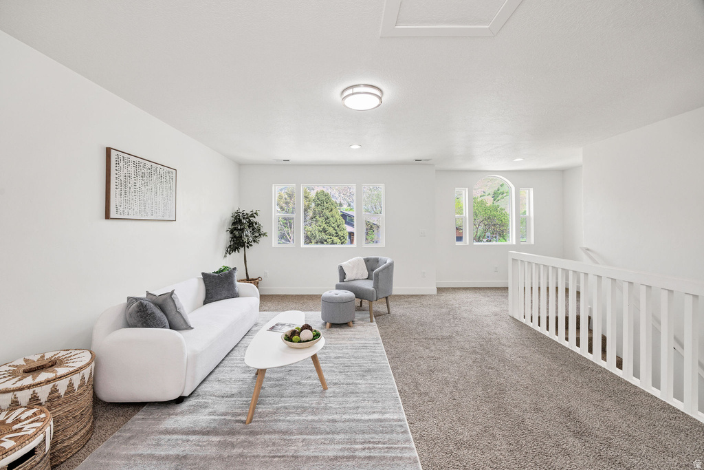 Spacious upper-level room featuring light gray carpeting, white walls, and a white baluster railing