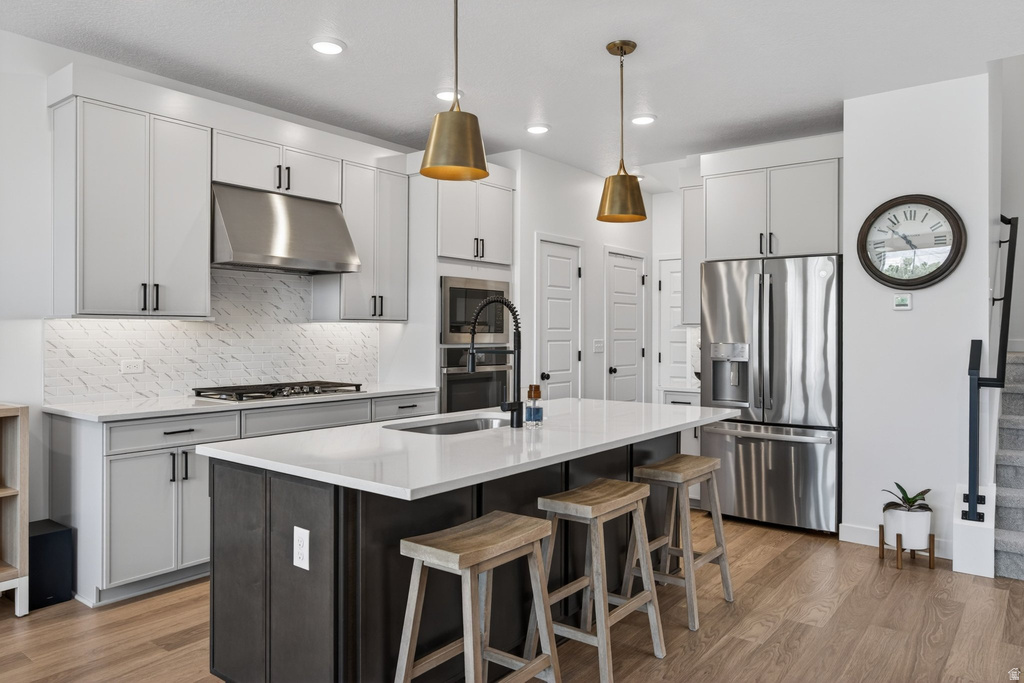 Modern kitchen featuring light wood-finish flooring, a central island with a built-in sink, and stainless steel appliances