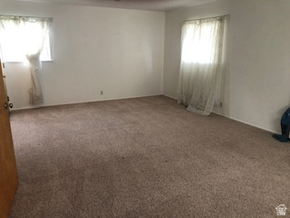 Spacious room featuring neutral carpeting and white wall finishes