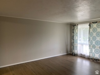 Hardwood-style flooring throughout the room with neutral wall tones