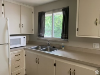 Kitchen featuring a double basin stainless steel sink, light-toned countertops, and ample upper and lower cabinetry with hardware