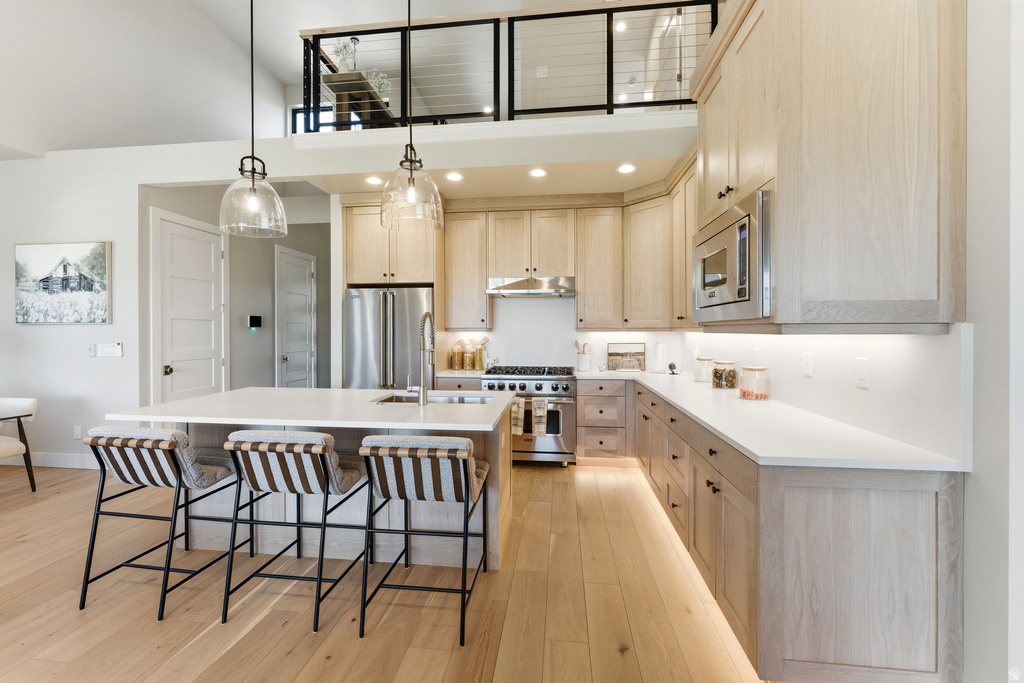 Modern kitchen featuring light wood-finish cabinetry, stainless steel appliances, and a central island with a sink