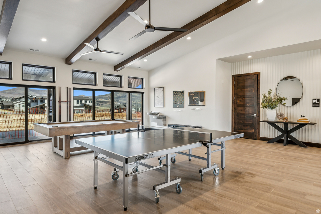 Spacious interior with vaulted ceilings and exposed wood beams