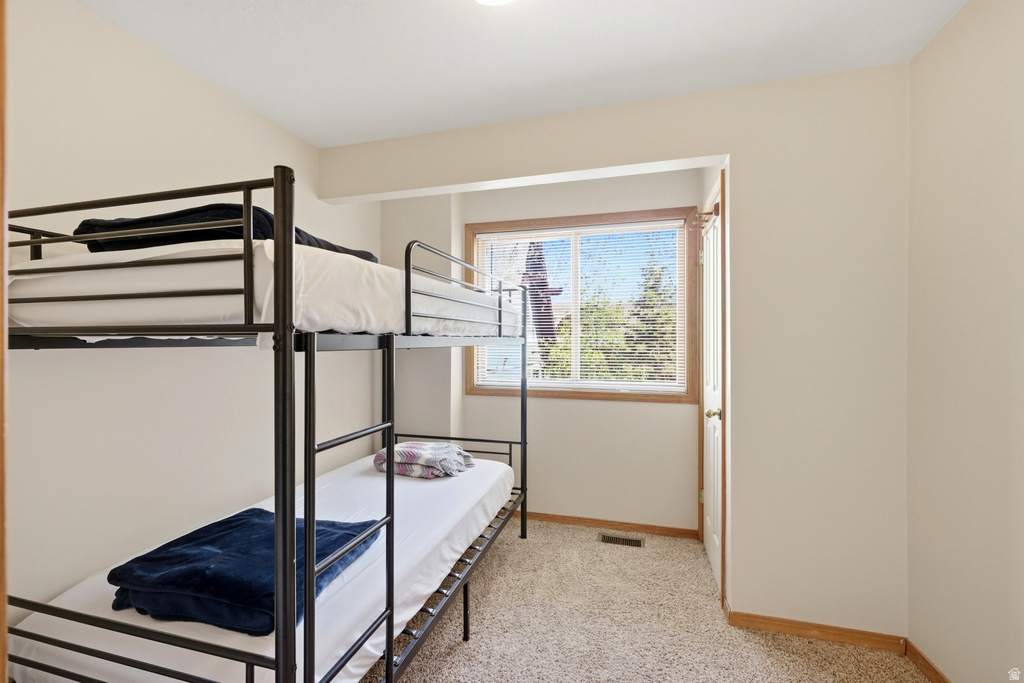 Room featuring a window with natural wood trim, plush carpeting, and light-toned walls