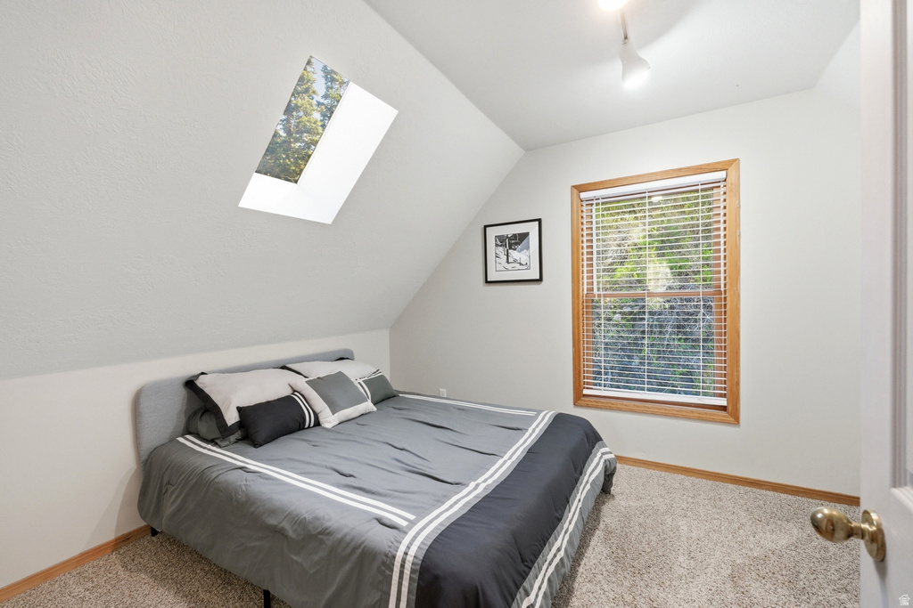 Carpeted room with a skylight and a window featuring wood trim