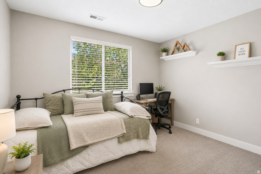 Carpeted room featuring a large window with blinds, light gray wall paint, and white trim