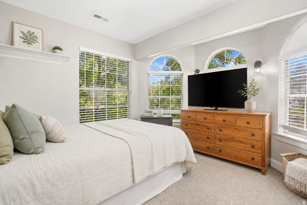 Carpeted bedroom featuring multiple windows, including two arched-top windows, for ample natural light