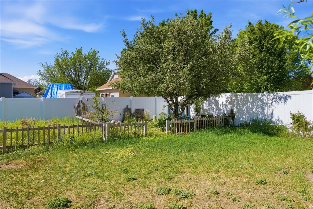 Expansive grassy area with a partial wooden fence, bordered by a white vinyl fence