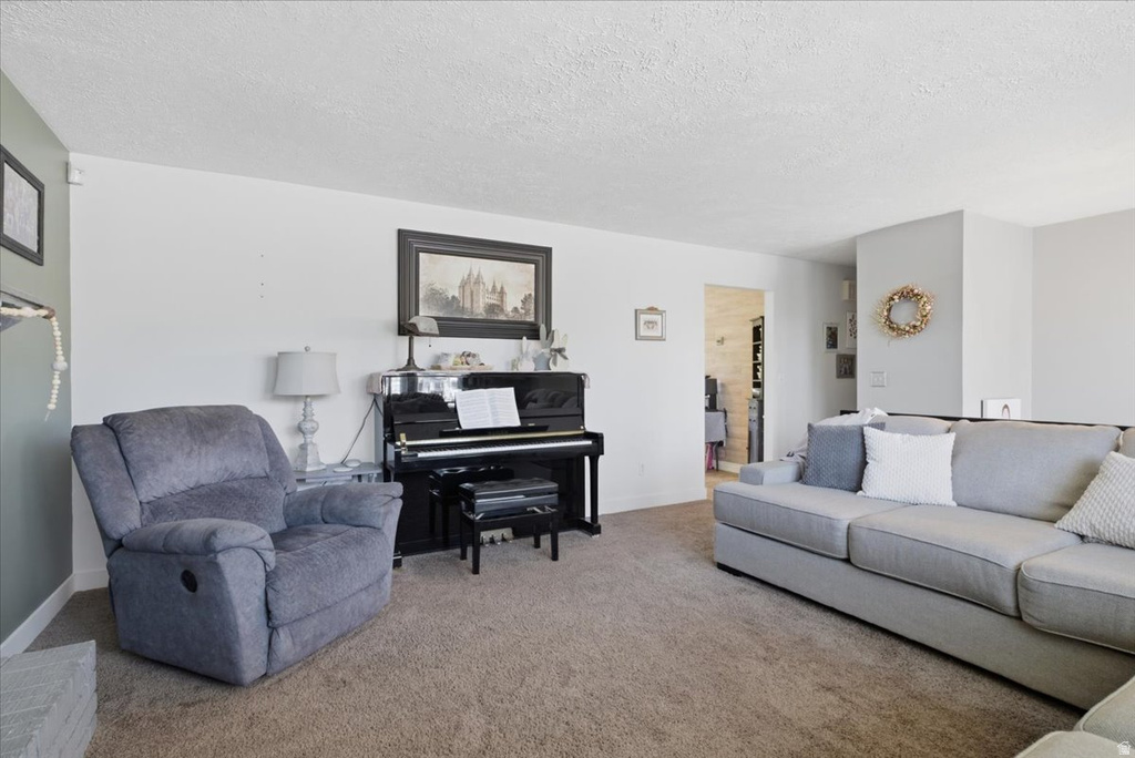 Spacious living area featuring neutral wall tones, carpeted flooring, and a recessed ceiling