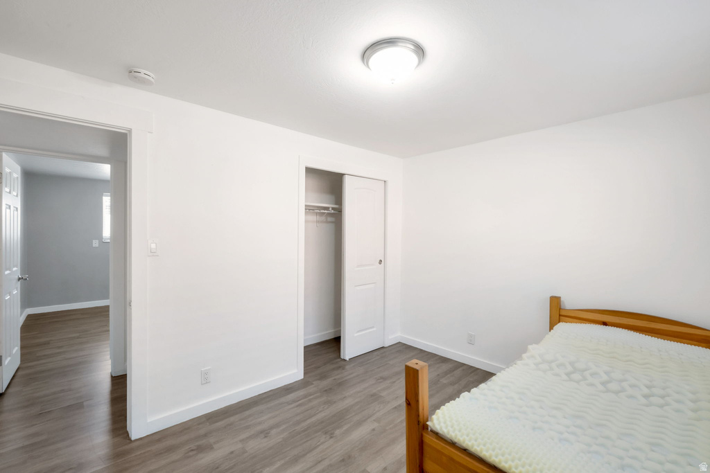 Bright room featuring wood-finish flooring, a flush-mount ceiling light fixture, and a spacious closet with sliding doors