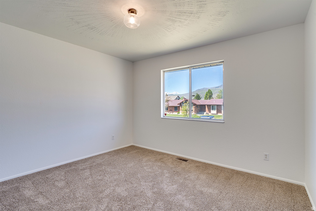 Neutral white wall finishes, plush carpeting, and a modern ceiling light fixture