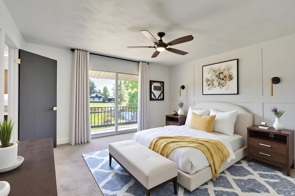 Bedroom featuring a ceiling fan with integrated lighting, board and batten wall detailing, and a balcony with black metal railings
