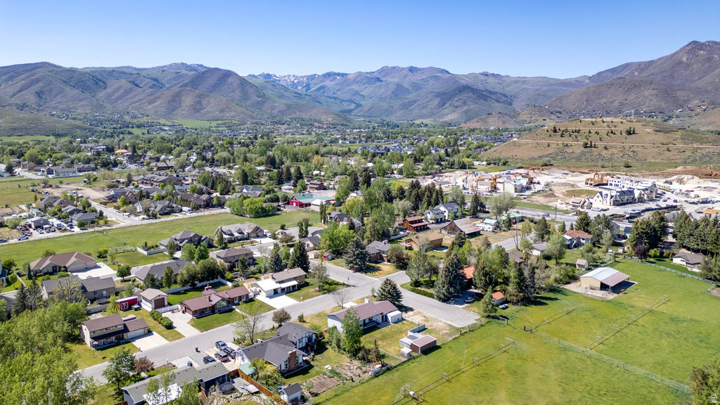 Expansive aerial perspective showcasing a residential community amidst a mountainous backdrop