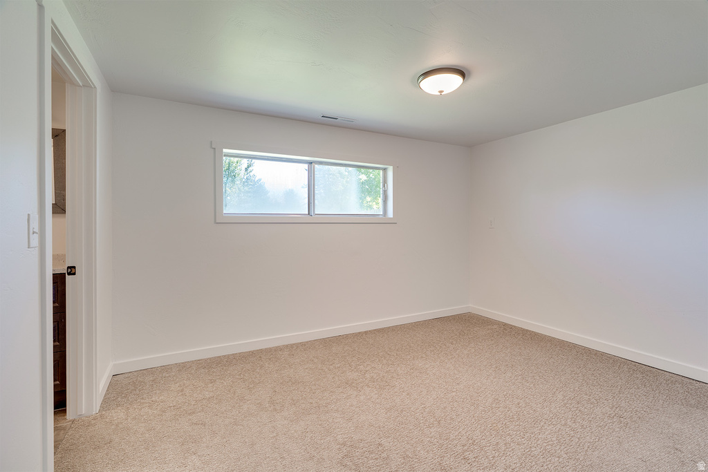 Neutral-toned carpeting paired with white walls, a single window, and a flush mount ceiling light fixture