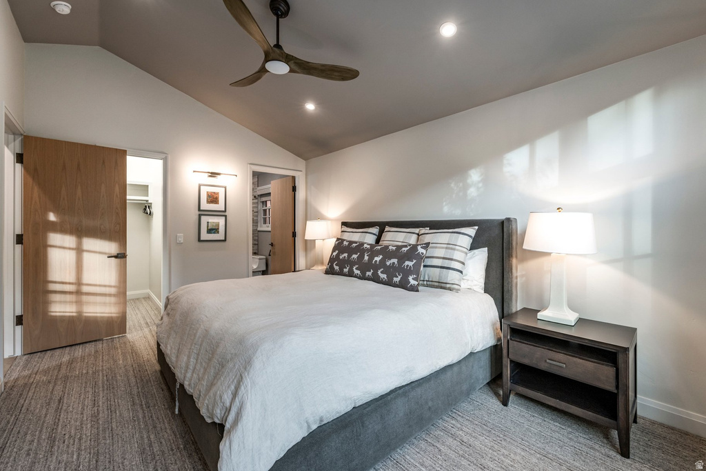 Vaulted ceilings featuring recessed lighting and a wood-finish ceiling fan